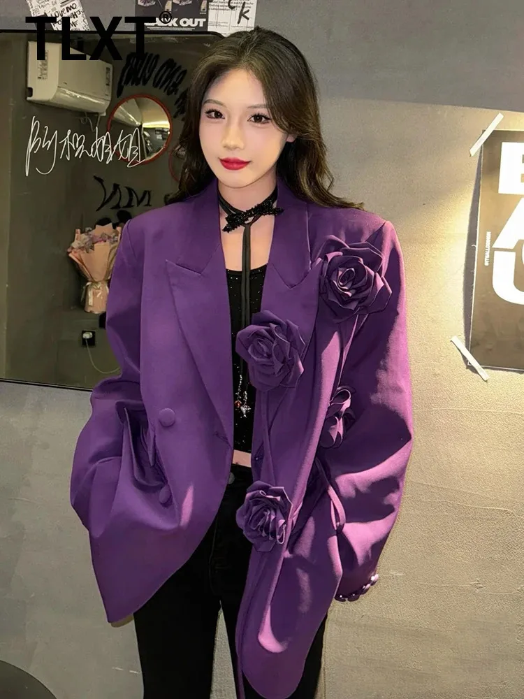 TLXT แฟชั่นผู้หญิงสีม่วงสามมิติดอกไม้เบลเซอร์ปกหลวมไหล่เดี่ยวเสื้อสูทฤดูใบไม้ร่วงใหม่