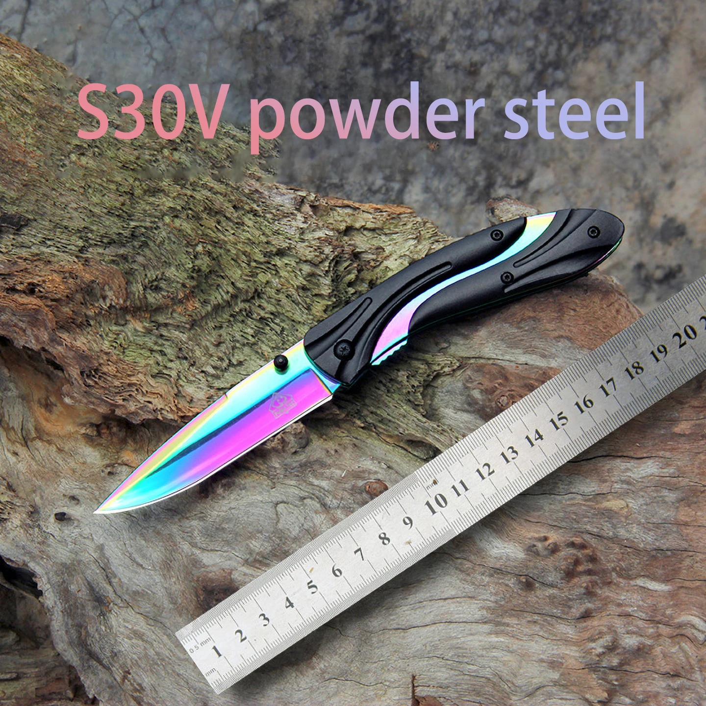 

S30V powder steel outdoor color titanium folding knife, stainless steel high-hardness folding knife portable camping fruit knife