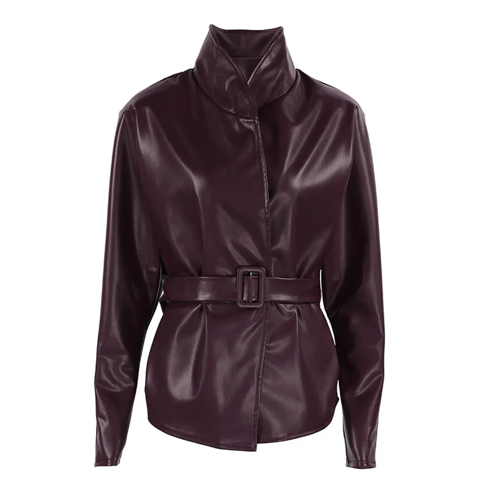 New Burgundy Women PU Leather Jacket Short Classic Design Stand Collar Top Windproof Warm Coat Daily Commute Casual Outerwear