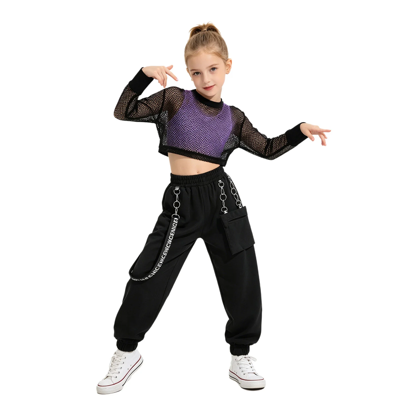 Kinder Mädchen Hip-Hop Jazz Tanz Performance Outfits: Rückenfreies Top mit Cargo-Hose und Mesh Langarm Crop Top Tanzkleidung – Detail 24