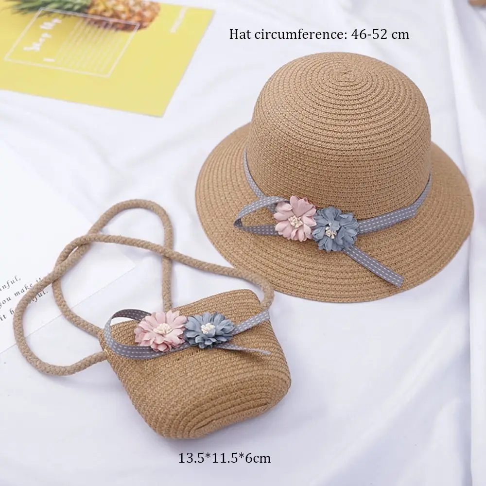 หมวกกันแดดดอกไม้ป้องกันรังสียูวีหมวกฟางกระเป๋าสะพายไหล่กันแดดระบายอากาศได้ดีหมวกฟางชาวประมงฤดูใบไม้ผลิฤดูร้อน