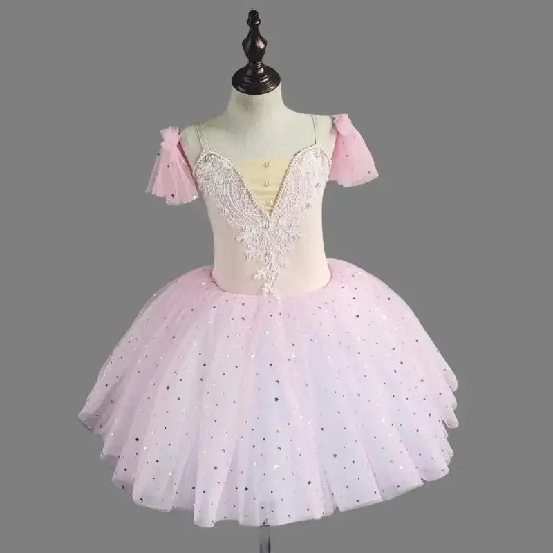 White Pink Ballet Dress Sequins Tulle Swan Dance Costumes Princess Girls Children Performance Clothing Ballet Tutu Long Dress