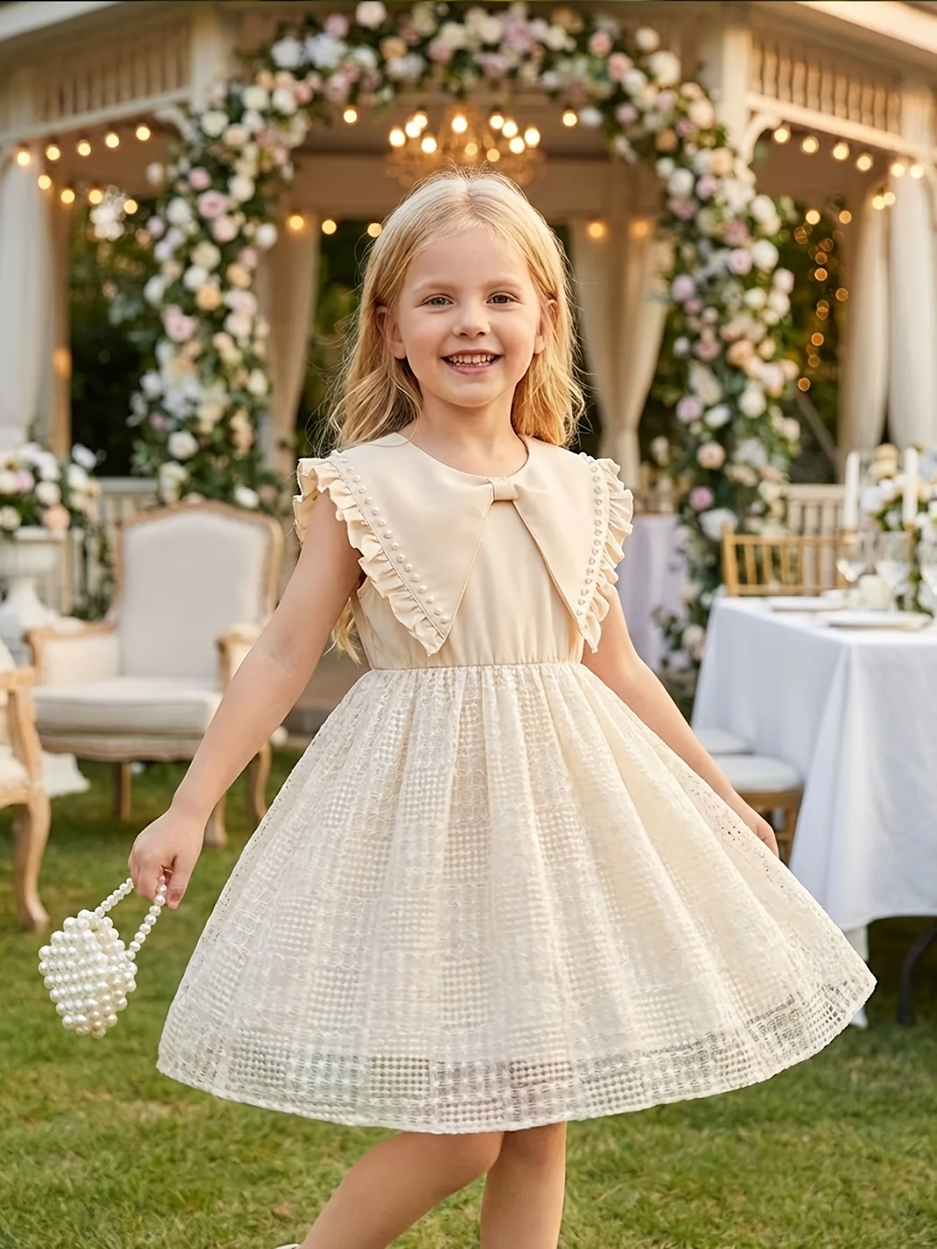 

Girls' Summer Elegant Romantic Bow Wooden Ears Peter Collar Pearl Decorative Dress Simple Princess Dress