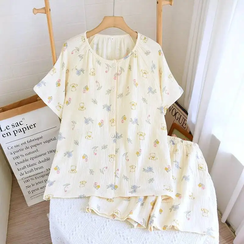 

Топы с короткими рукавами и подушкой на груди для женщин, летние хлопковые шорты, пижамный комплект, повседневная домашняя одежда