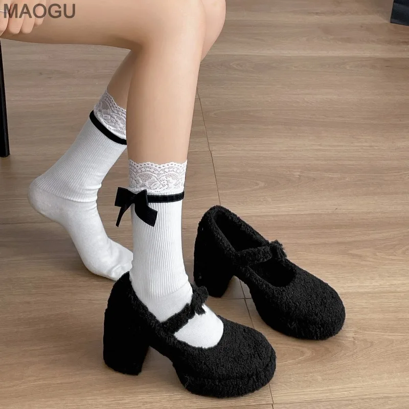 

Белые туфли Мэри Джейн для женщин, туфли-лодочки на высоком каблуке во французском стиле, женские короткие плюшевые зимние теплые туфли на массивном каблуке, Zapatos De Mujer