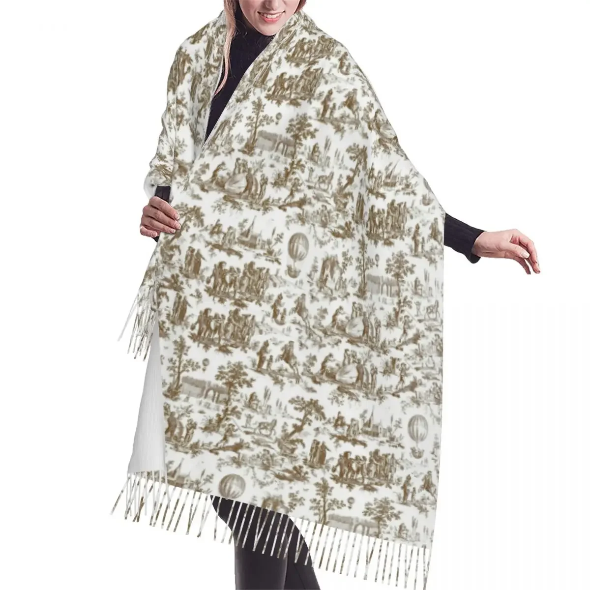 Ladies French Toile De Jouy Ballon De Gonesse Brown Scarves Women Winter Fall Soft Warm Tassel Shawl Wrap Traditional Art Scarf