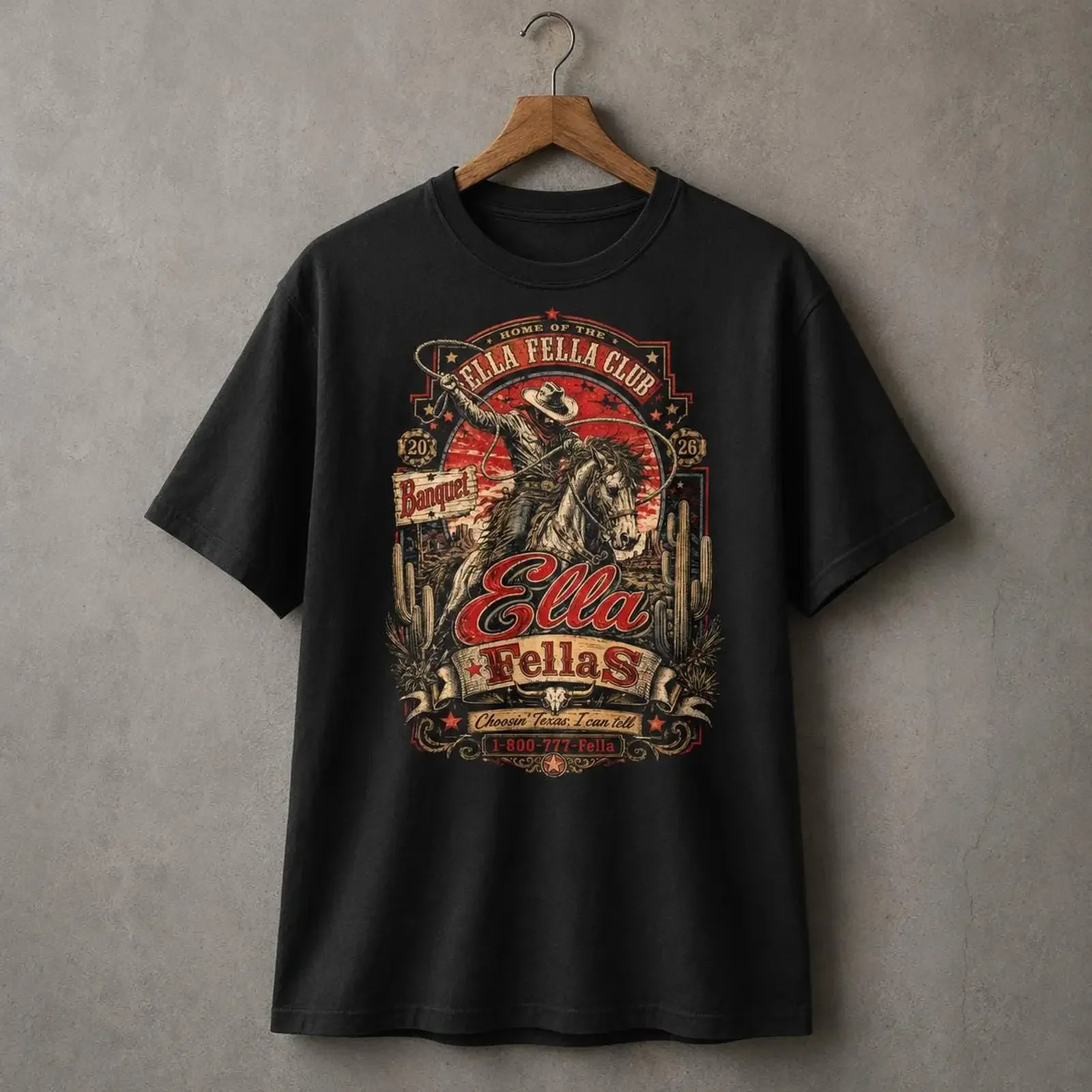 Ella Fellas Western Cowboy T Shirt Texas Music Fan Vintage Rodeo  vintage Washed Stretched Slightly graphic Unisex Breathable