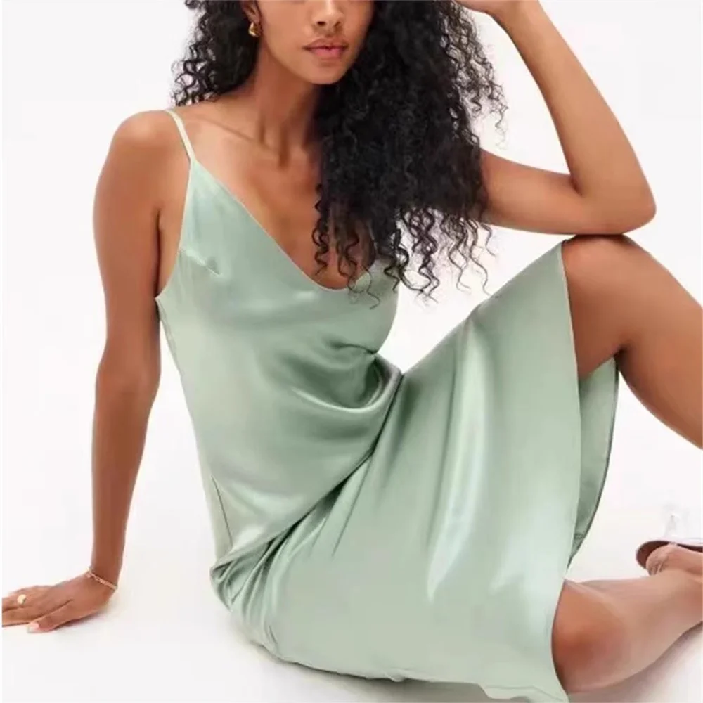 

French Women's Acetate Satin V-neck Camisole Dress Backless Strap Knee-length Dresses for Female Spring Summer