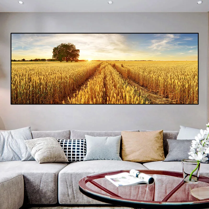 Landscape Golden Wheat Field Tree at Sunset Panorama Canvas Painting Posters and Prints Wall Art Pictures Home Decor No Frame