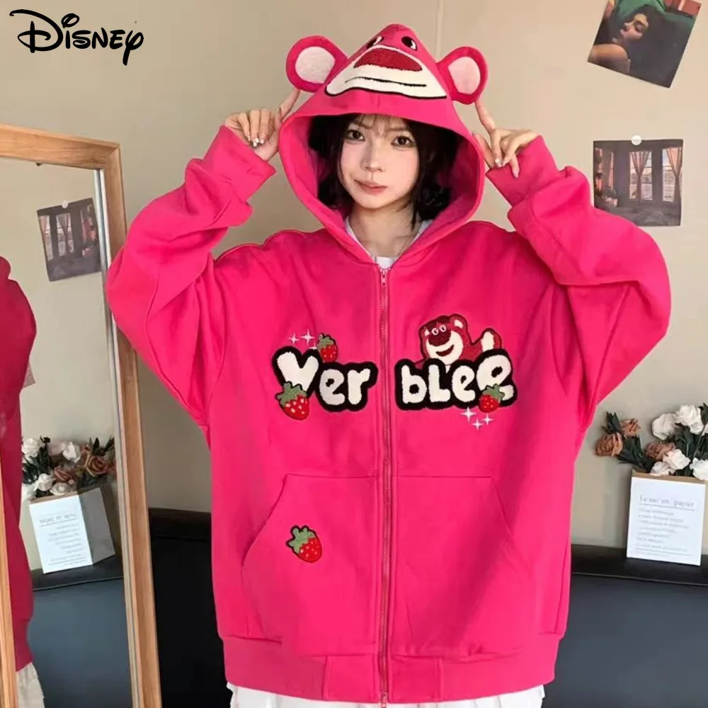 Disney Cartoon Embroidered Lotso Bear Hoodies Y2k Cute Clothes Women Trendy Loose Long Sleeve Zipper Jacket Aesthetic Top Shirts