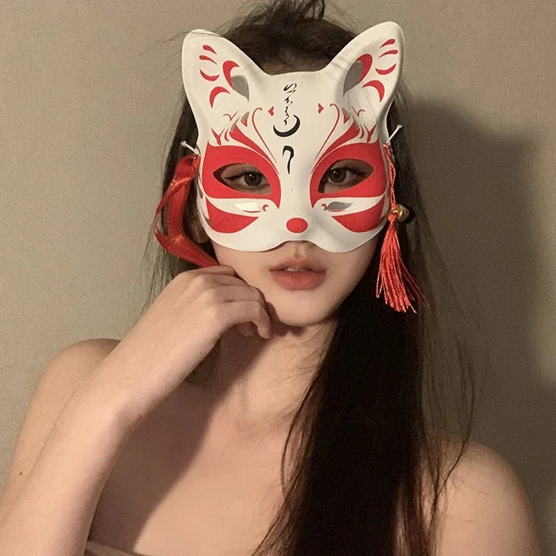 Máscara de raposa japonesa cosplay máscara meia face pvc kabuki kitsune máscaras masquerade anime cosplay máscara de gato rave festivais festa adereços