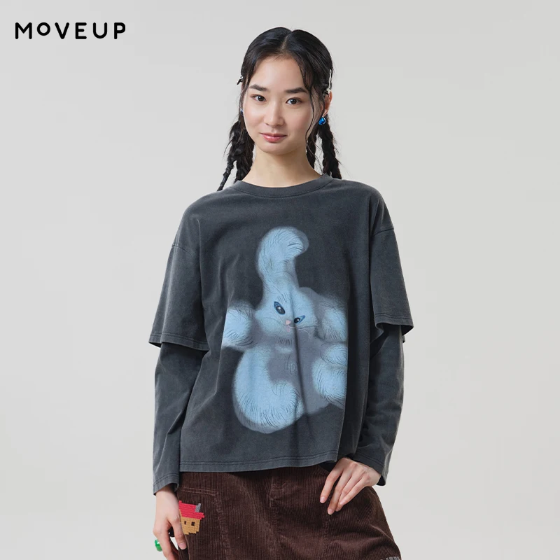 MOVEUP Women's Crew Neck Fake Two Piece T-Shirt 2026 Autumn Rabbit Print Long Sleeve Tees Loose Commuter Casual Top 3ELQ10545