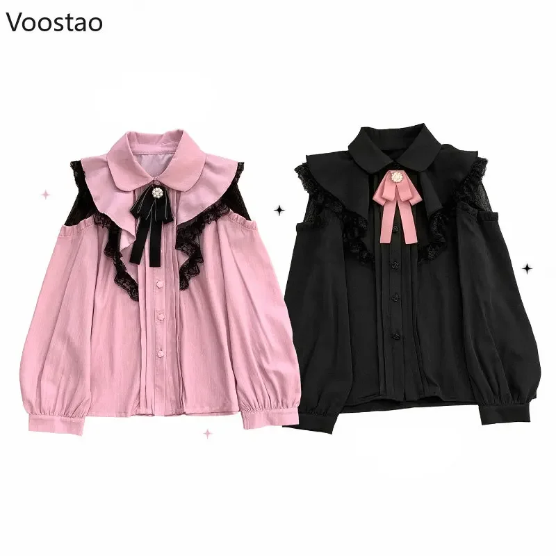 Japanese Sweet Lolita Shirt Women Casual Hollow Out Long Sleeve Tops Kawaii Ruffles Lace Bow Blouses Girls Cute Y2k Blusa Mujer