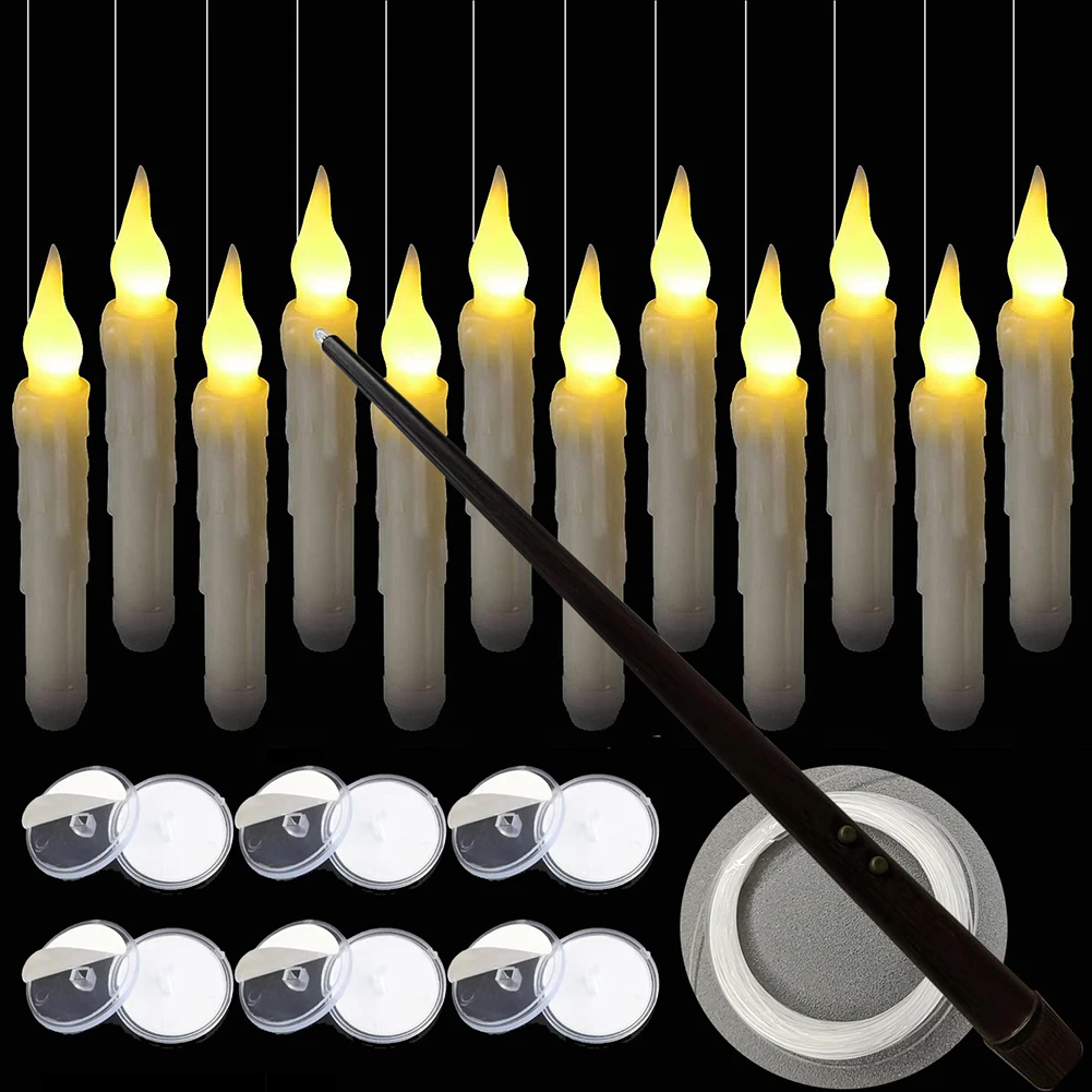 12pcs Flameless Floating Candles With Magic Wand Remote Battery Operated Hanging Window Flickering Candles For Halloween Decor