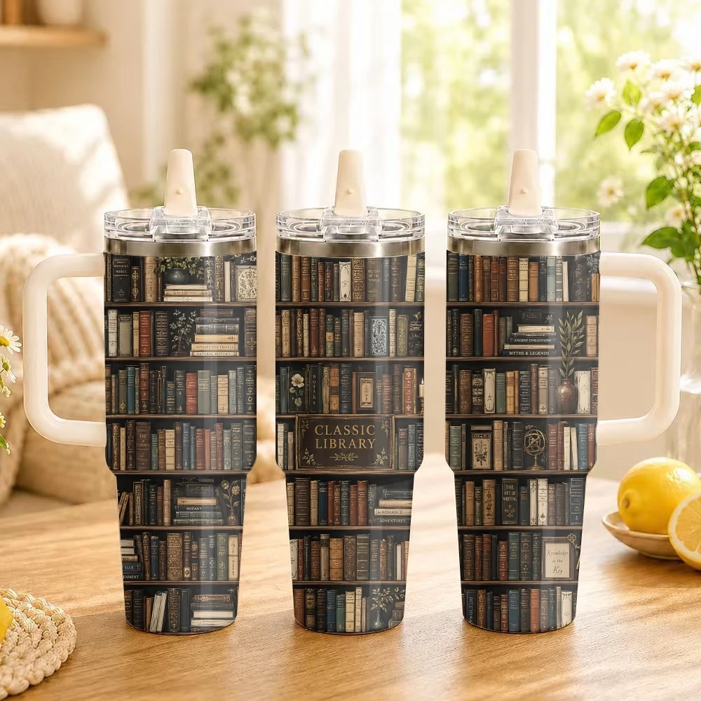 Medieval Retro Bookshelf Vacuum Flasks 40oz Thermal Tumbler Handle Stainless Steel Insulated Water Portable Mug Cup