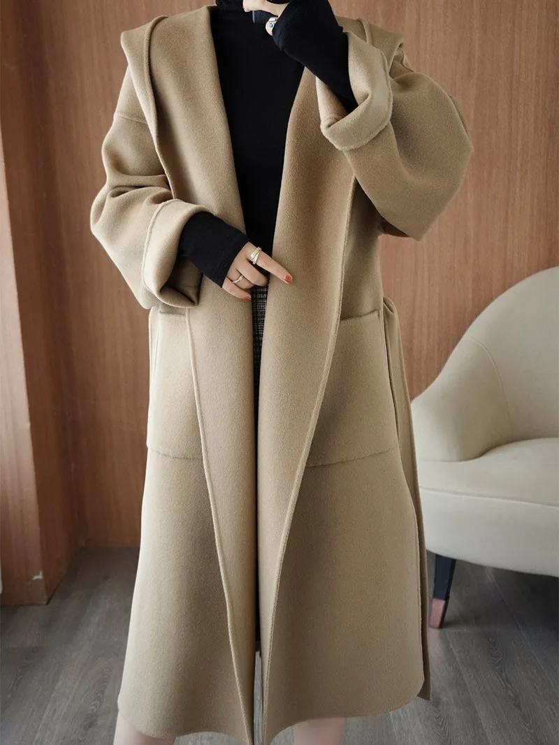 Winter Hooded Wool Coat Women\'s 100% Wool Coat Autumn Long Camel Coat Female Loose Fashion Casual Black Strap Coat Commuter