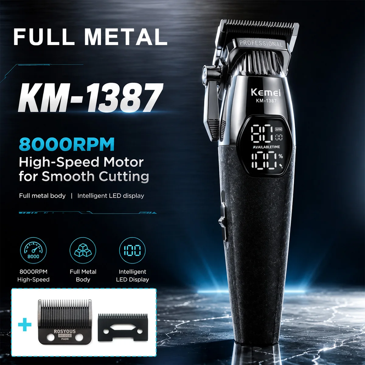 Kemei KM-1387 Professional Hair Clipper for Men 5W Motor Ceramic Blade Low Noise Cordless Hair Cutting Machine Finishing Machine