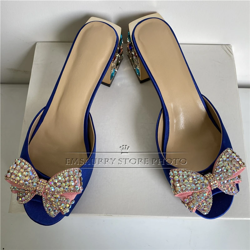 Crystal Jeweled Butterfly-Knot Sandals Women Colorful Rhinestone Diamond Square Heel Luxury Satin Slingbacks Mules Summer