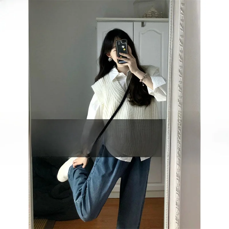 

Белый вязаный свитер, женский жилет для внутренней одежды, весна-осень, новый многослойный топ с v-образным вырезом, свободный крой, обычная длина