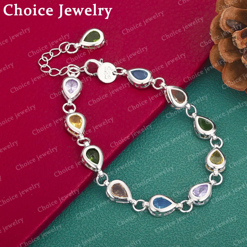 925 Sterling Silver Multicolour Zircons Chain Water Drop Rainbow Bracelet For Woman Fashion Charm Wedding Jewelry