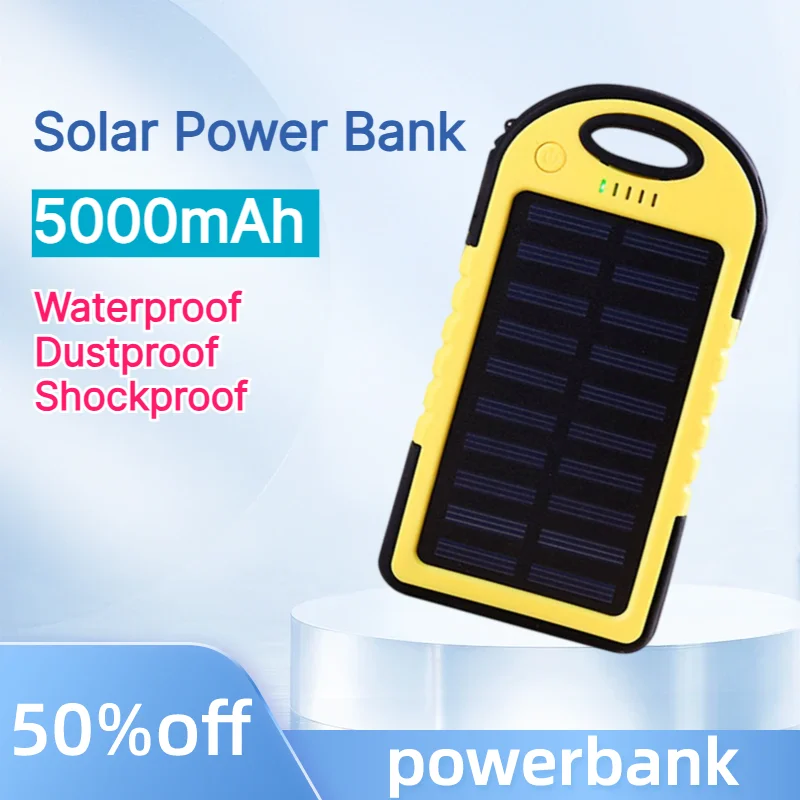 PowerBank 5000mAh Solar Power Bank IP65 Waterproof Dustproof Shockproof LED Light Outdoor Portable Charger for Phone