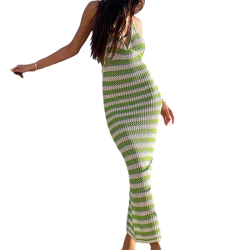섹시한 홀터 백리스 스트라이프 니트 비치 롱 드레스 여름 여성 크로셰 수영복 비키니 커버업 수영복 베스티도스