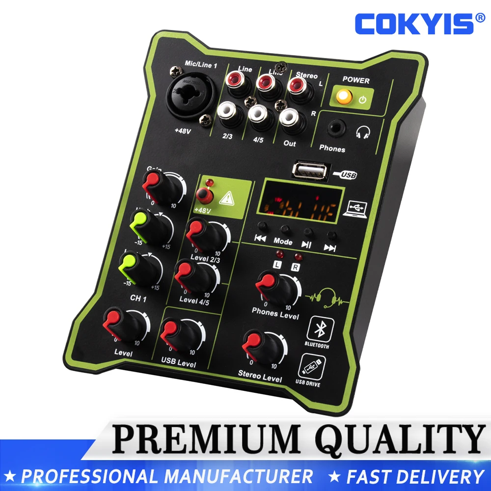 

5 channel Mixing Console DC 5V Audio Mixer XLR Output Bluetooth-compatible USB Record Professional Mixer DJ Audio Mixe