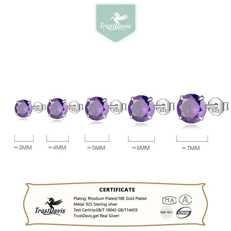 Trustdavis Real 925 Silver Purple CZ Stone Stud Earrings Small Cute Gift for Women Daily Wear Jewelry Gift DS910