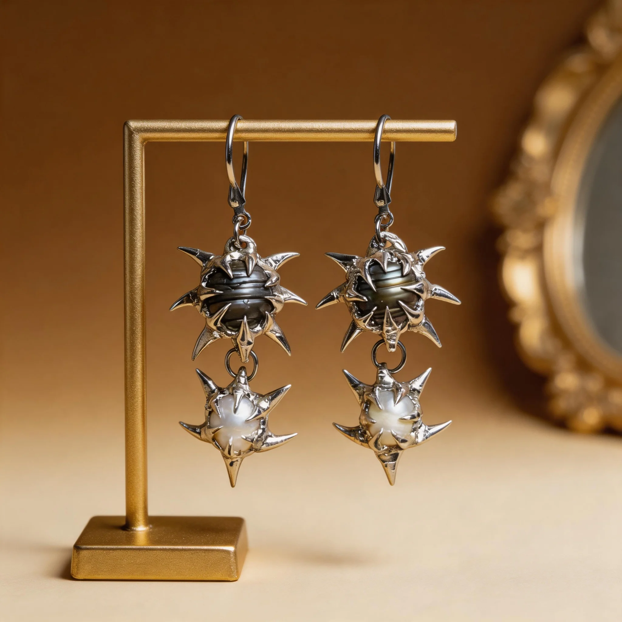 65mm Baroque Pearl Earrings Silver Plated Thorn Spike Pendant Soldered Leverback Boho Gothic Jewelry for Women Unisex Gift