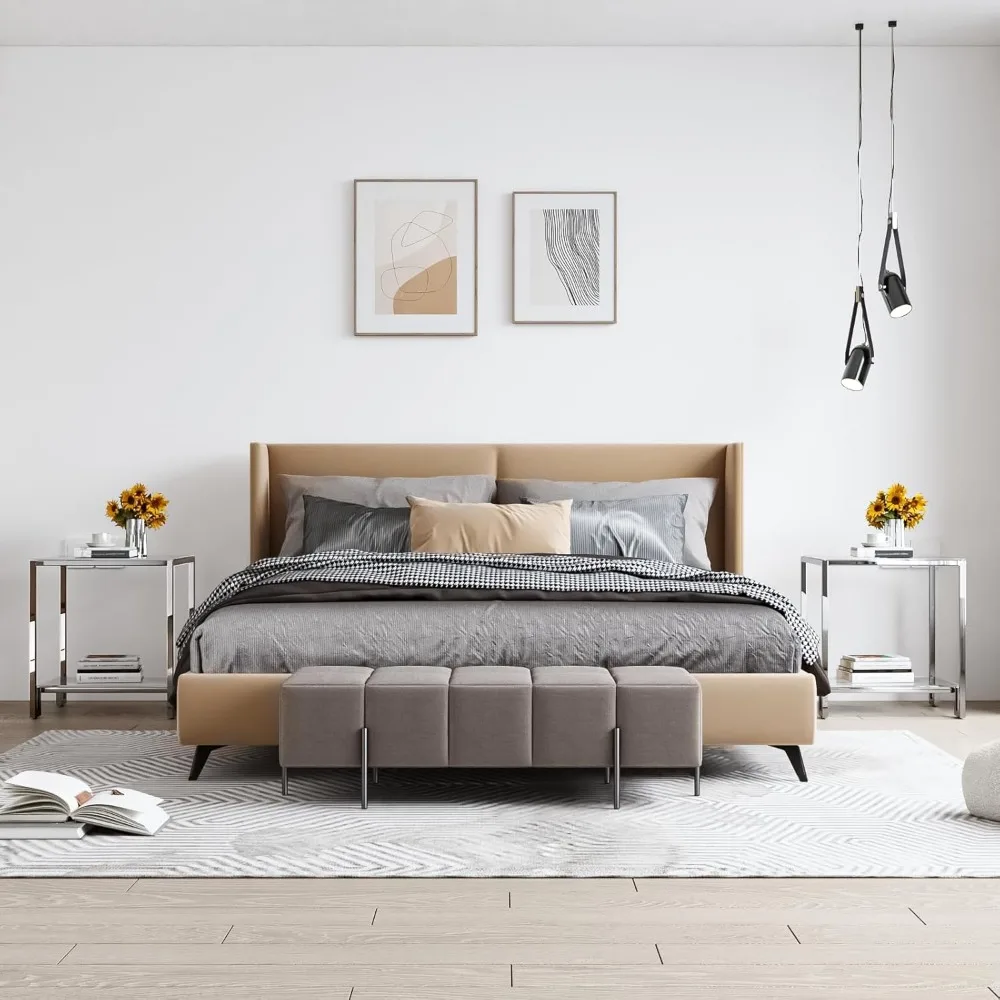 طاولة جانبية مربعة الشكل بطبقتين مع سطح من الزجاج المقسى وإطار فضي من الفولاذ المقاوم للصدأ وحامل ليلي حديث للمساحات الصغيرة #5