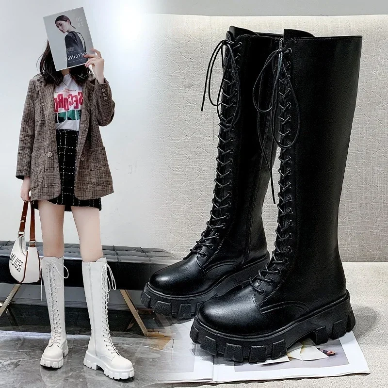 Women\'s Long High Boots White PU Leather Knee High Boots Female Fashion Lace Up Platform Botas Mujer thigh high boots size 43