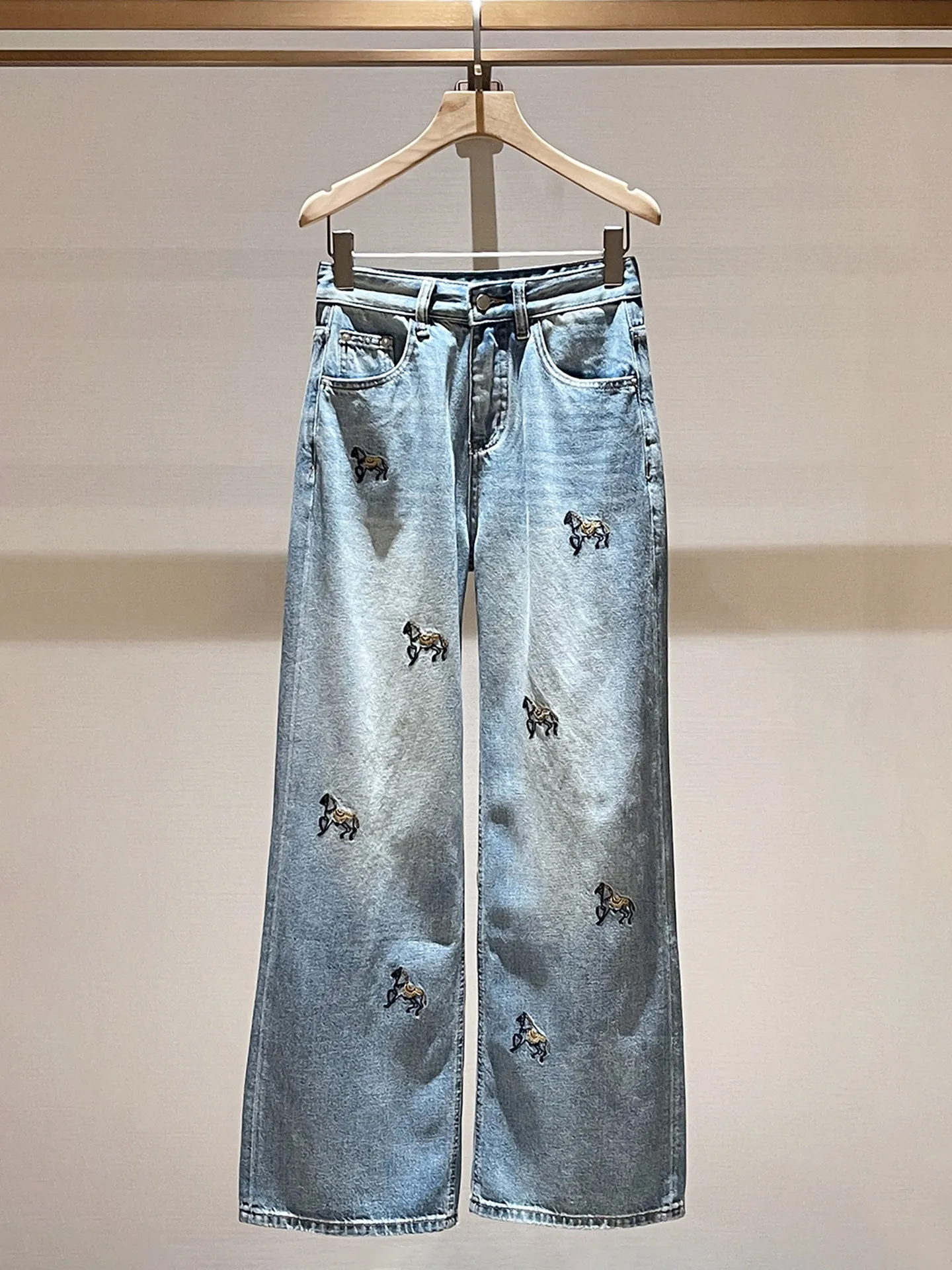 Pony Embroidery Blue 26 Spring High Waist Vintage Old Wide Leg Straight Jeans