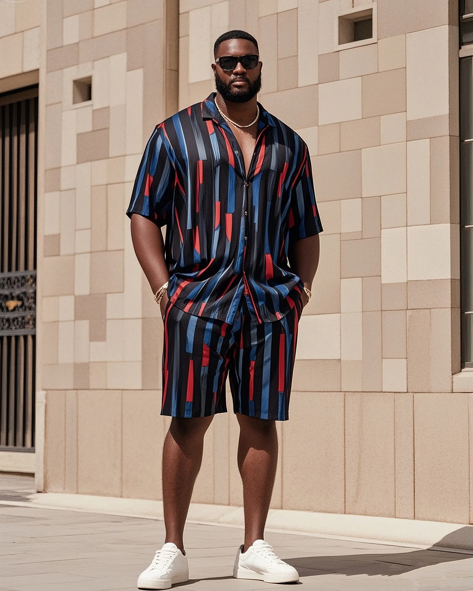

S-9XL Big and Tall Men Abstract Geometric Stripe Print Oversized Shirt Shorts Set Multi-Color Casual 2-Piece Outfit