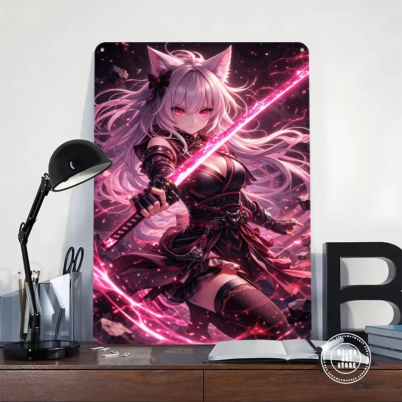 Cat Girl Warrior With Glowing Sword Metal Poster Custom Wall Art Retro Vintage Tinplate Signs for Man Cave Bedroom Decoration