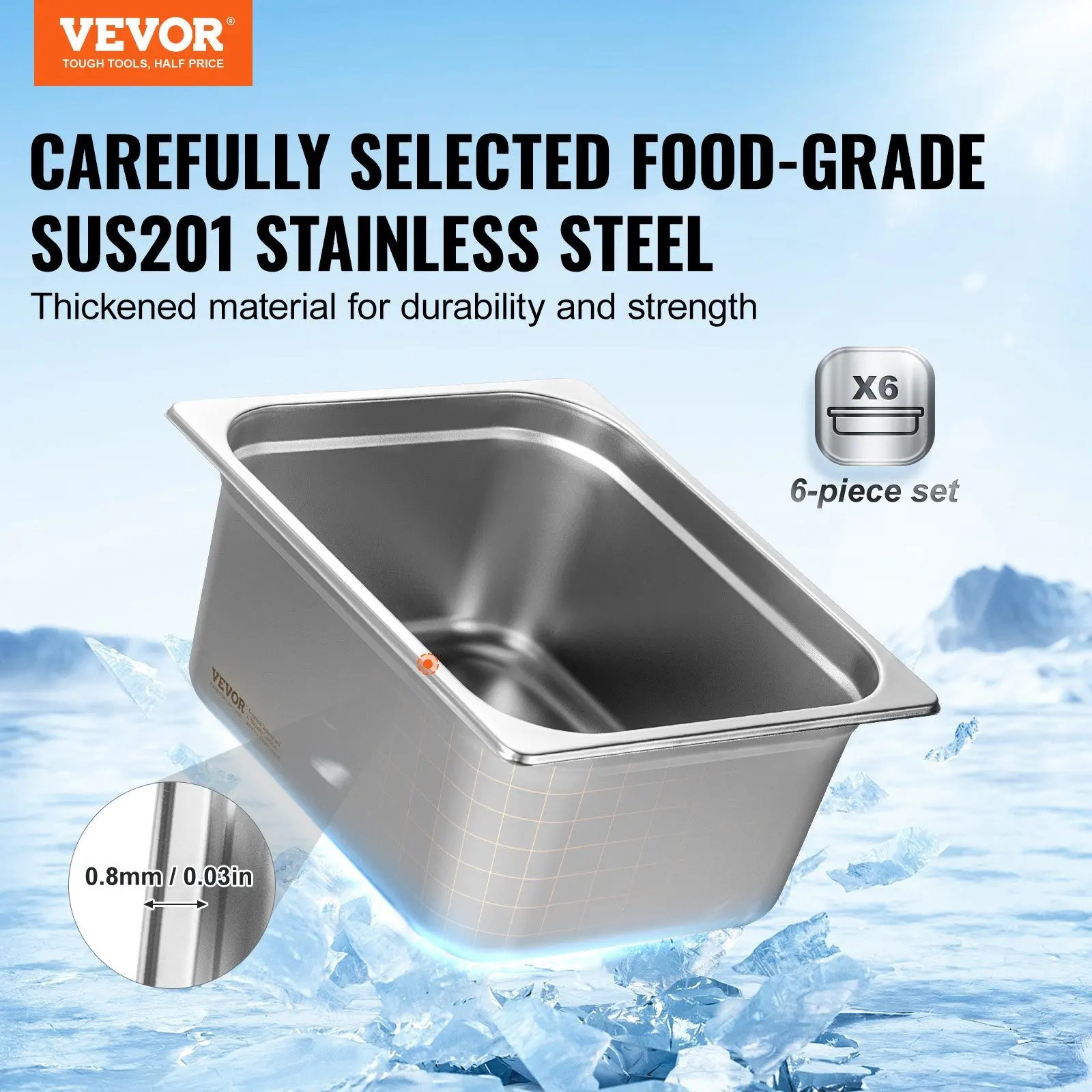 6 Pack Hotel Pans, 1/2 Size Anti-Jam Steam Pan, 0.8mm Thick Stainless Steel Restaurant Steam Table Pan