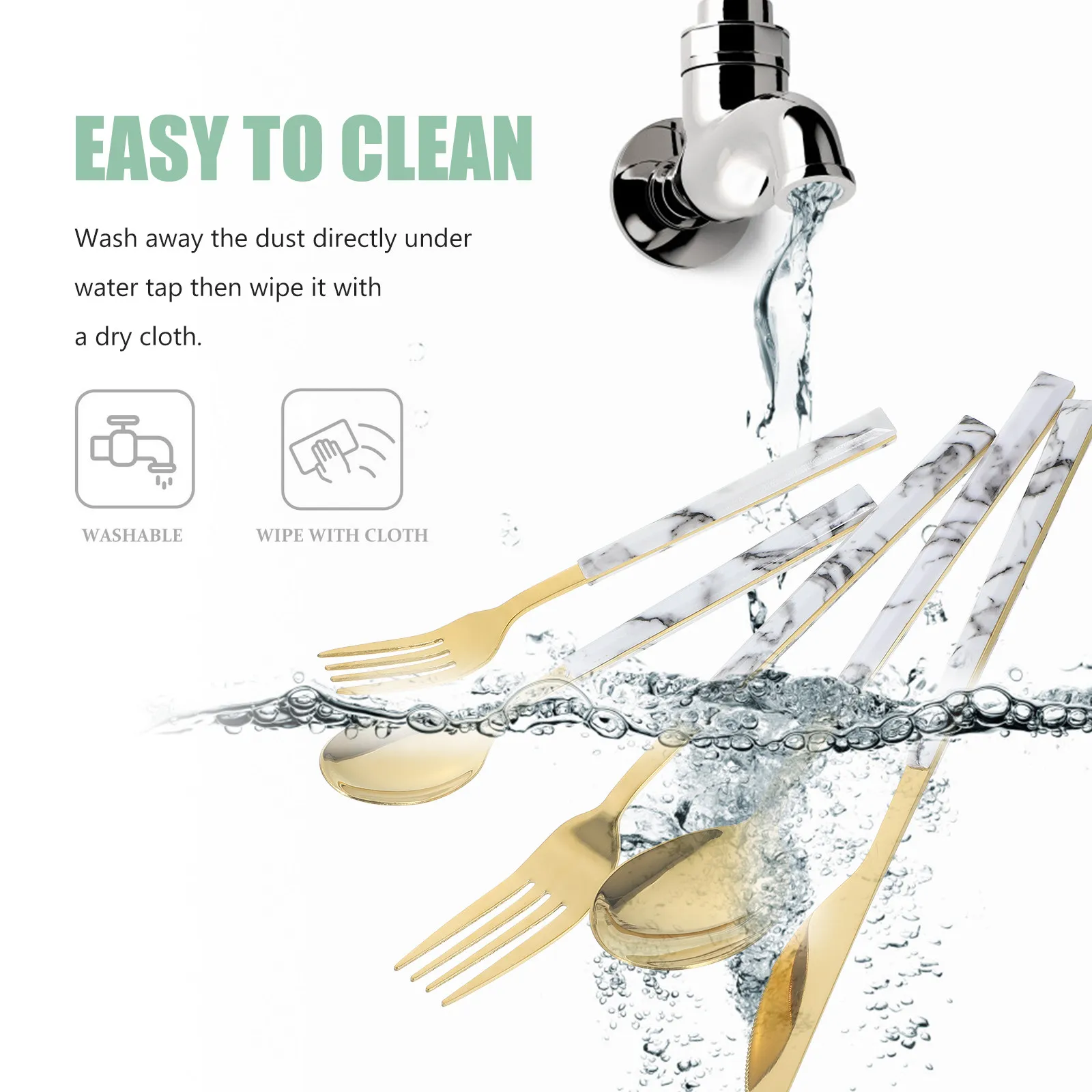 1Set Stainless Steel Tableware Kit Marble Handle Ergonomic Cutlery Set Fork Spoon Knife Reusable Silverware for Family Camping