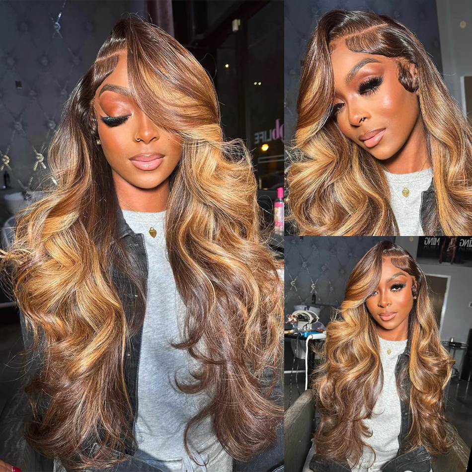 200% High Densit Highlight Body Wave Human Hai Wig 13x4 Lace Frontal Wigs Ombre 4/27 Transparent Lace Front Wig For Women