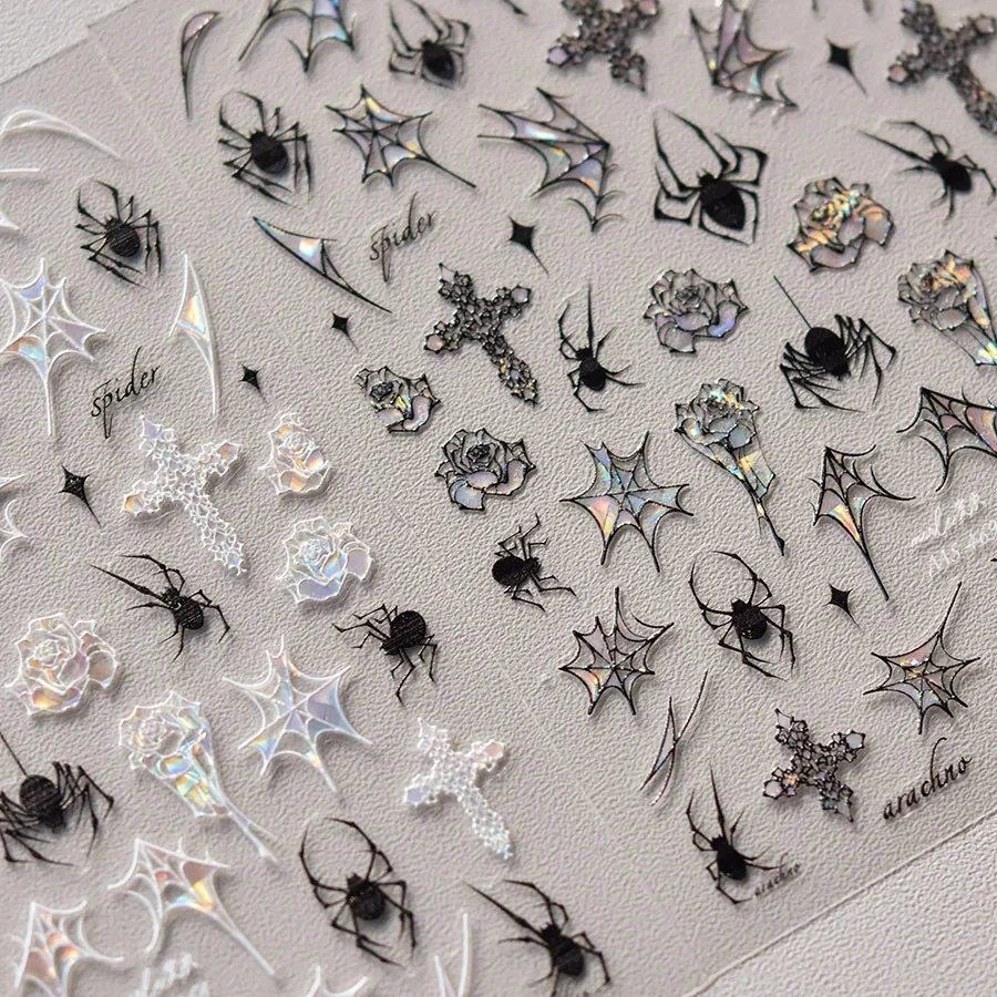 Pegatinas de alta calidad para uñas, calcomanías con carcasa brillante en blanco y negro, tela de araña, rosa, diseño de calcomanías, herramienta de manicura, MS-468