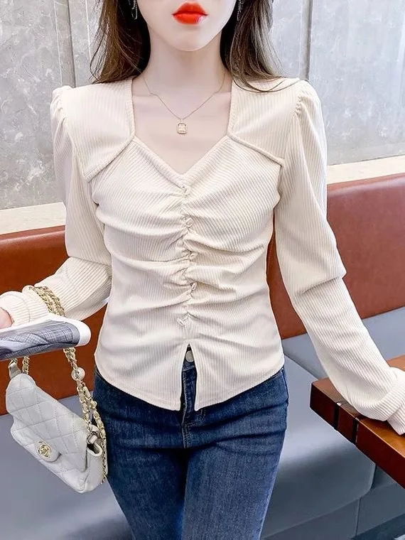 

Женский укороченный топ Slimming Fit с квадратным вырезом и длинными рукавами, универсальный, в корейском стиле, для повседневной носки