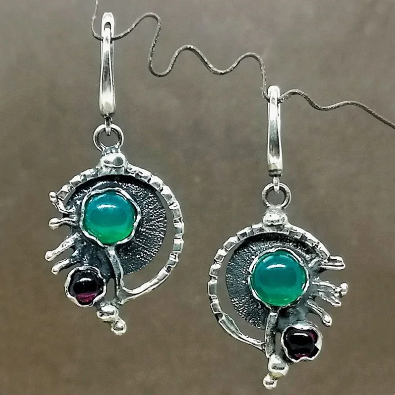 Ethnic Silver Color Inlaid Green Purple Stone Copper Dangle Women's Earrings Daily Wear Party Earrings Woman Vintage Jewelry