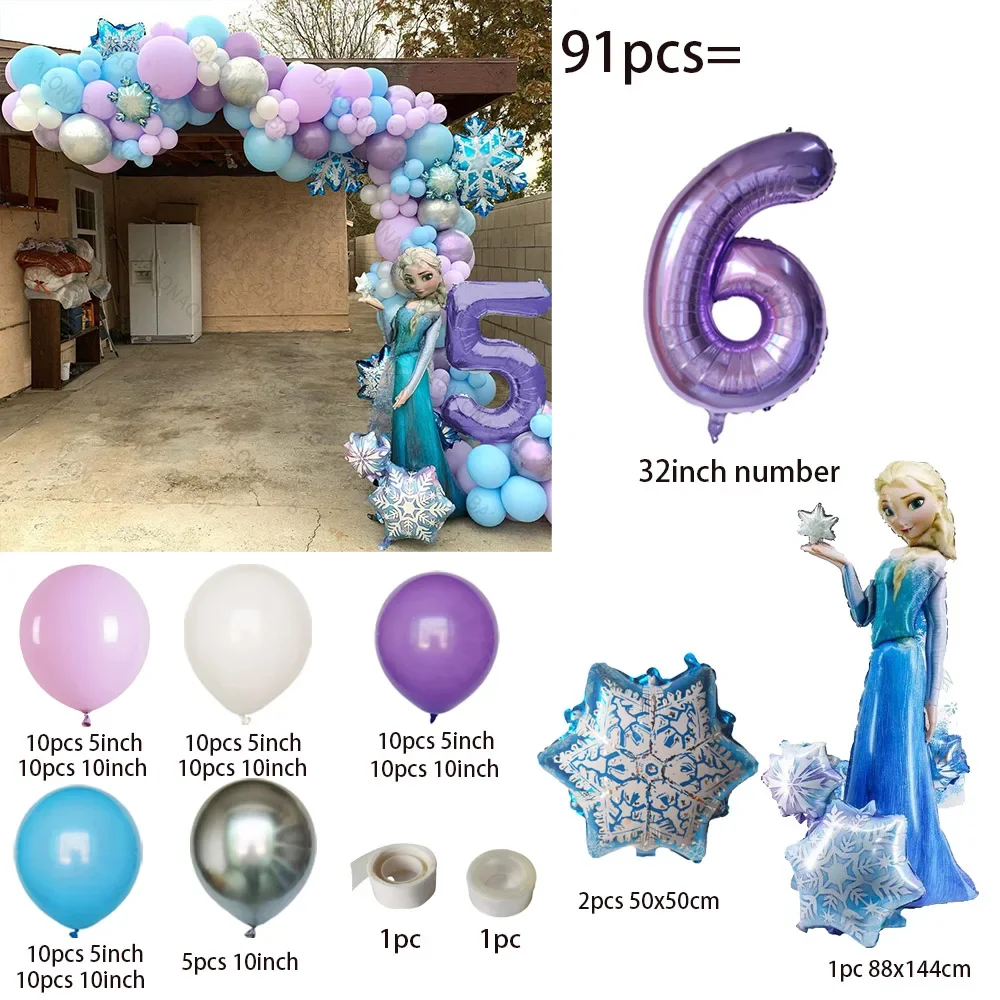 91pcs/set Disney Frozen Theme Elsa Anna Princess Balloon Garland Arch Kit Snowflake Ballon Birthday Baby Shower Decoration