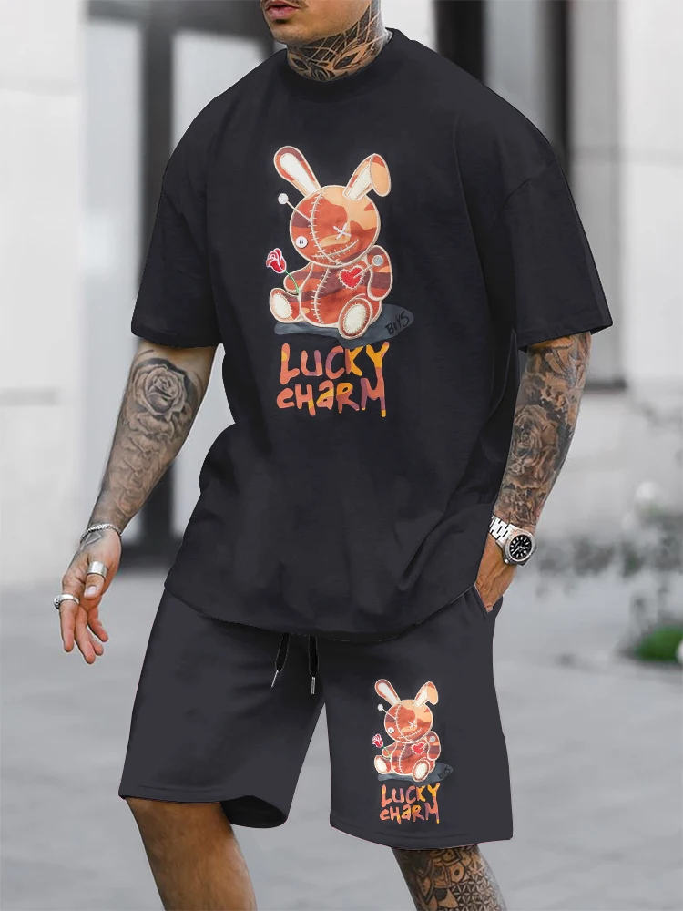 2024 Lucky Rabbit Print Short Sleeve T-shirt And Shorts 2 / Summer Men's Fashion Street Short Sleeve Suit Loose And Oversized