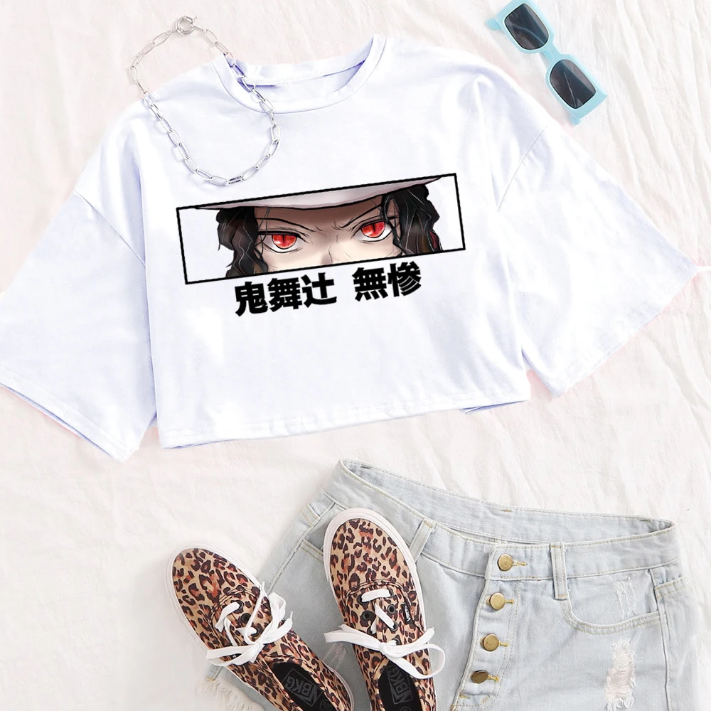 أنيمي شيطان القاتل Muzan Kibutsuji قميص المرأة س الرقبة قصيرة الأكمام المحاصيل القمم تي شيرت هدية