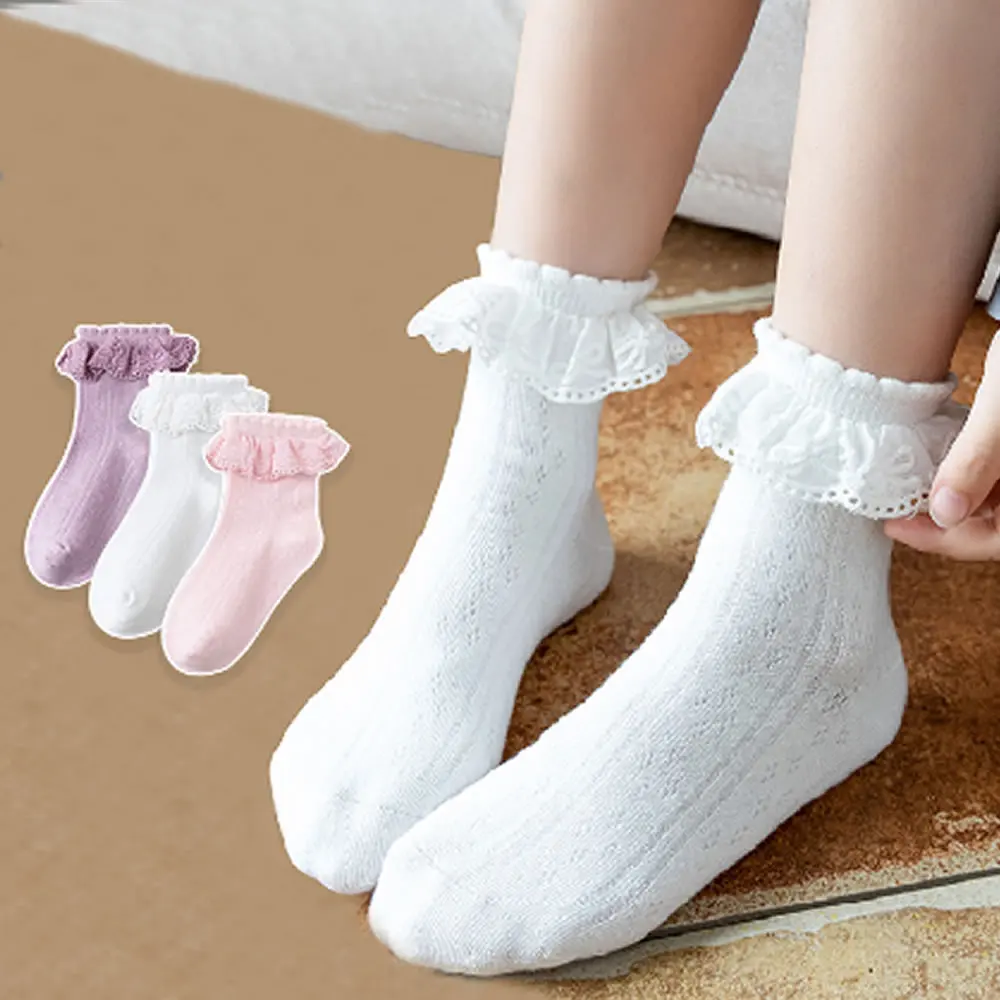 Sokken – chaussettes en coton peigné pour nouveau-né, avec nœud, couleur unie, princesse, en dentelle, pour fille