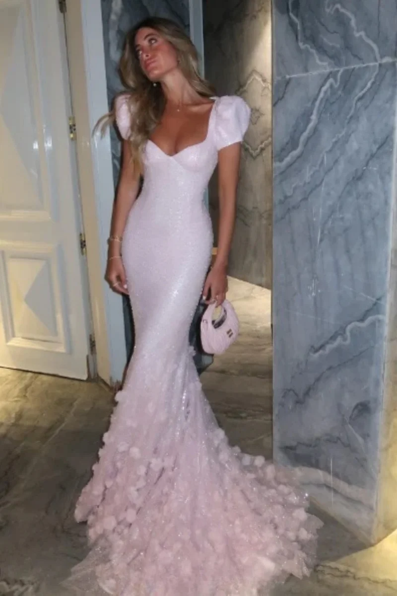 2026 مخصص الأبيض حورية البحر فستان الحفلة الراقصة التألق ثلاثية الأبعاد الزهور ثوب مسائي قصيرة الأكمام فستان الحفلات طول الأرض فستان رسمي