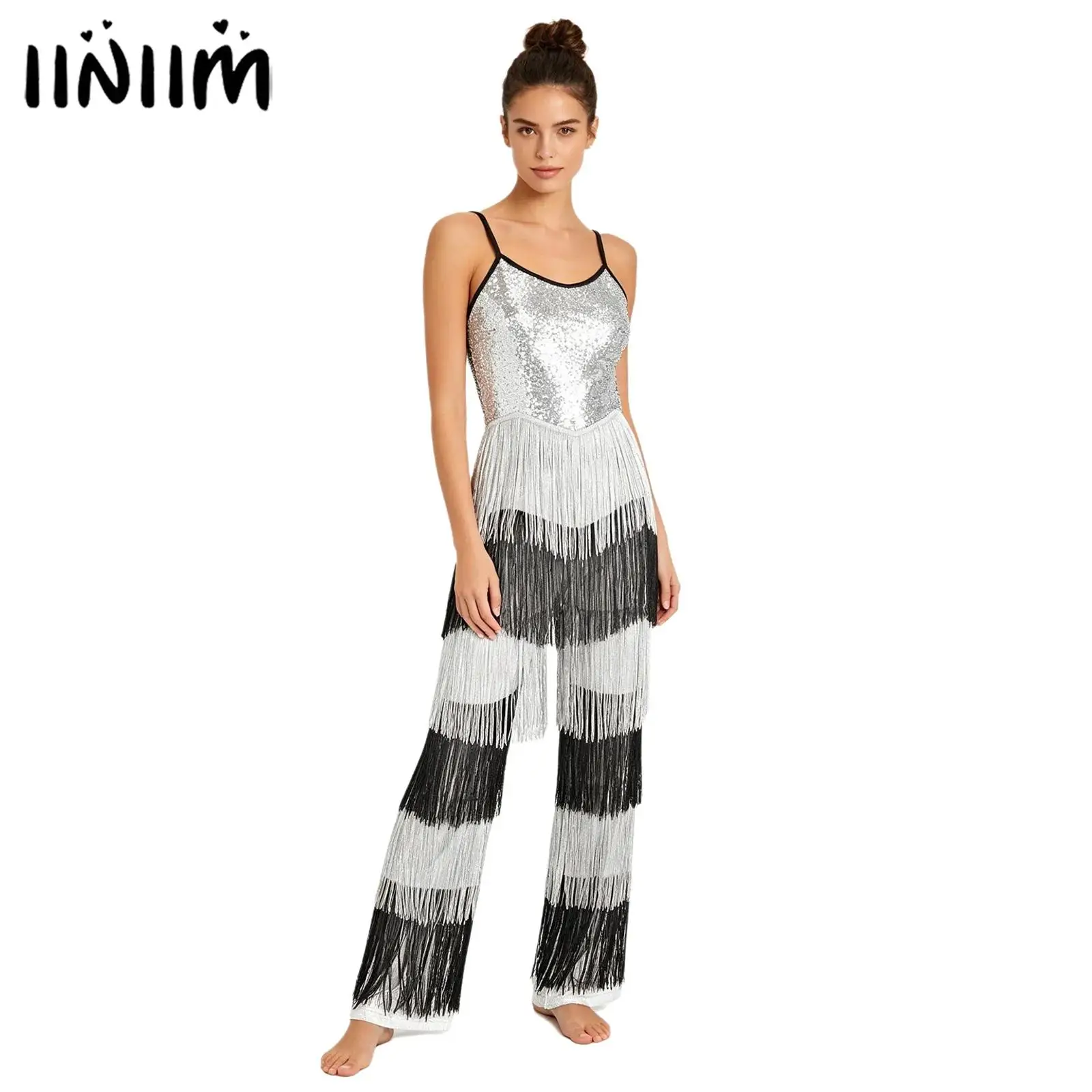 

Женский комбинезон для латиноамериканских танцев, костюм для дискотеки, блестящий, с пайетками и бахромой, танцевальная одежда для выступлений, боди с невидимой молнией на спине