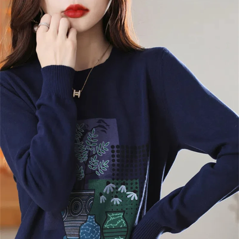 Temperament Autumn/Winter New Sweaters Pullovers Women\'s Clothing O-Neck Printing Fashion Casual Loose Long Sleeve Knitted Tops