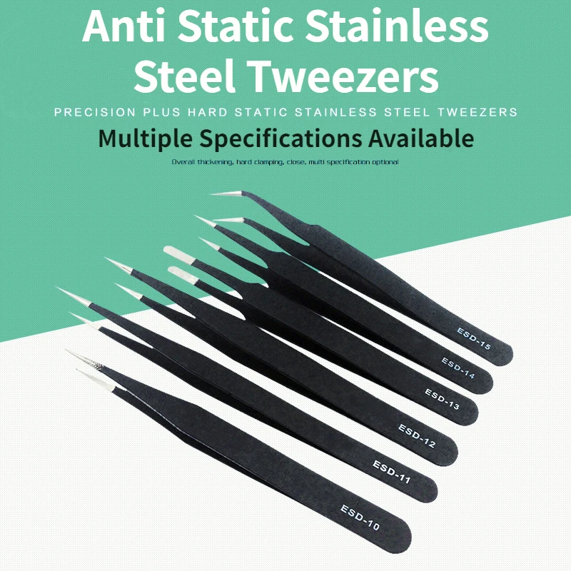 Anti-Static ESD Tweezers Set Anti-Magnetic Anti-Acid Stainless Steel Tweezers Kits Laboratory Work Black Angled/Bent Tip/Flat