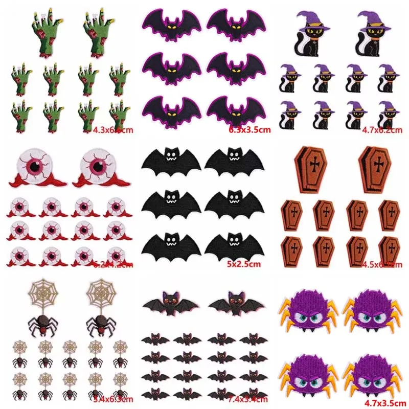 10 Stück Großhandel Eisen auf Patches Kürbis Fledermaus Katze Stickerei Patches für Kleidung Thermo kleber Patches Halloween Abzeichen DIY Nähen