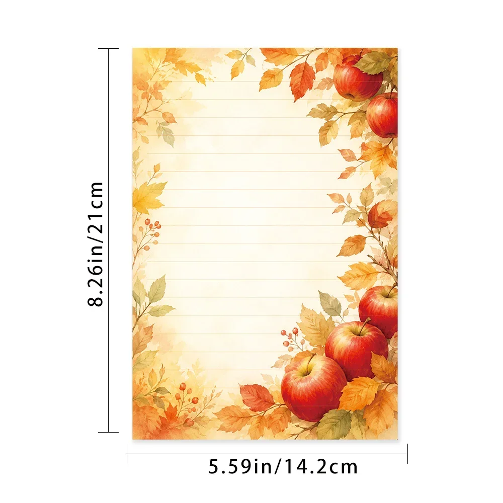 50 Sheets,Retro Harvest Apple Falling Leaves -themed Writing Paper, Lined, Glue-free, Perfect For Notebooks, Memos, And Stickers